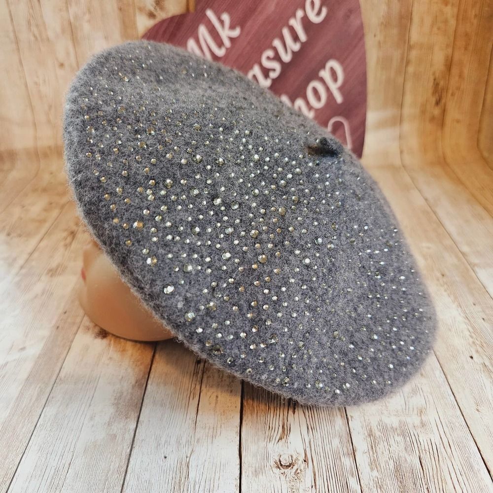 Women's rhinestone gray wool beret hat